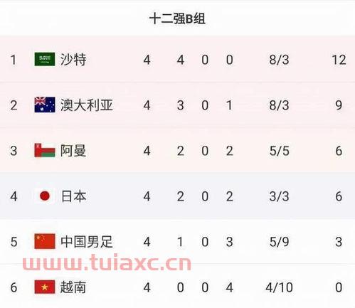 世界杯2022亚洲预选赛积分榜12强